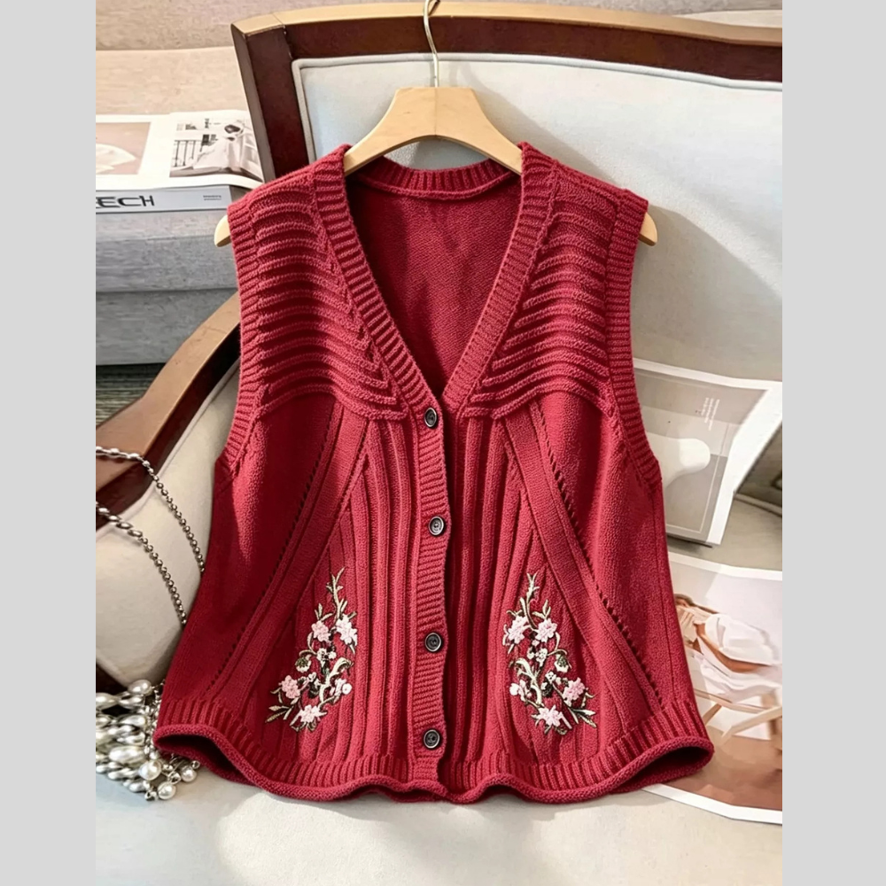 Floral Embroidered V-Neck Button-Down Sweater Vest