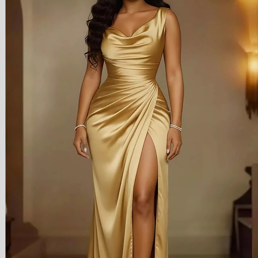 Full Size Satin Cowl Neck High Slit Maxi Dress Plus Size