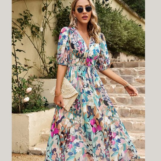 Printed Puff Sleeve Midi Dress