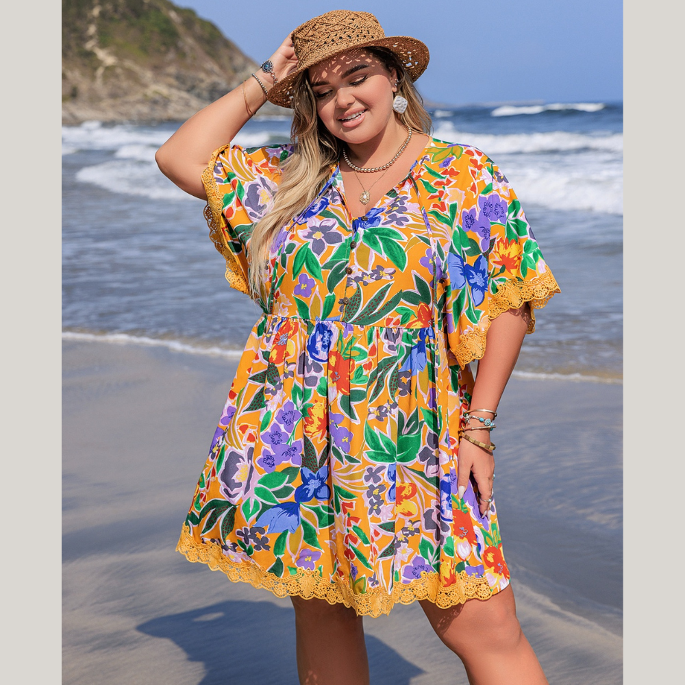 Plus Size Lace Detail Printed Tie Neck Half Sleeve Dress