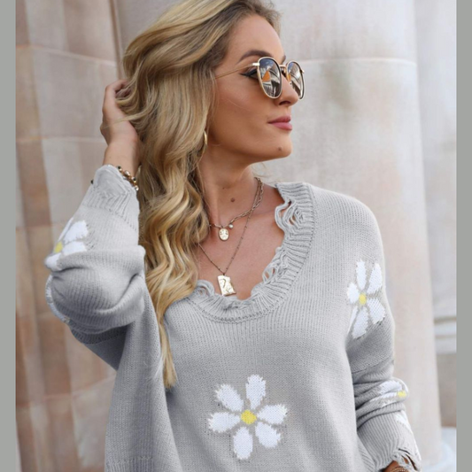 Flower Distressed Ribbed Trim Sweater