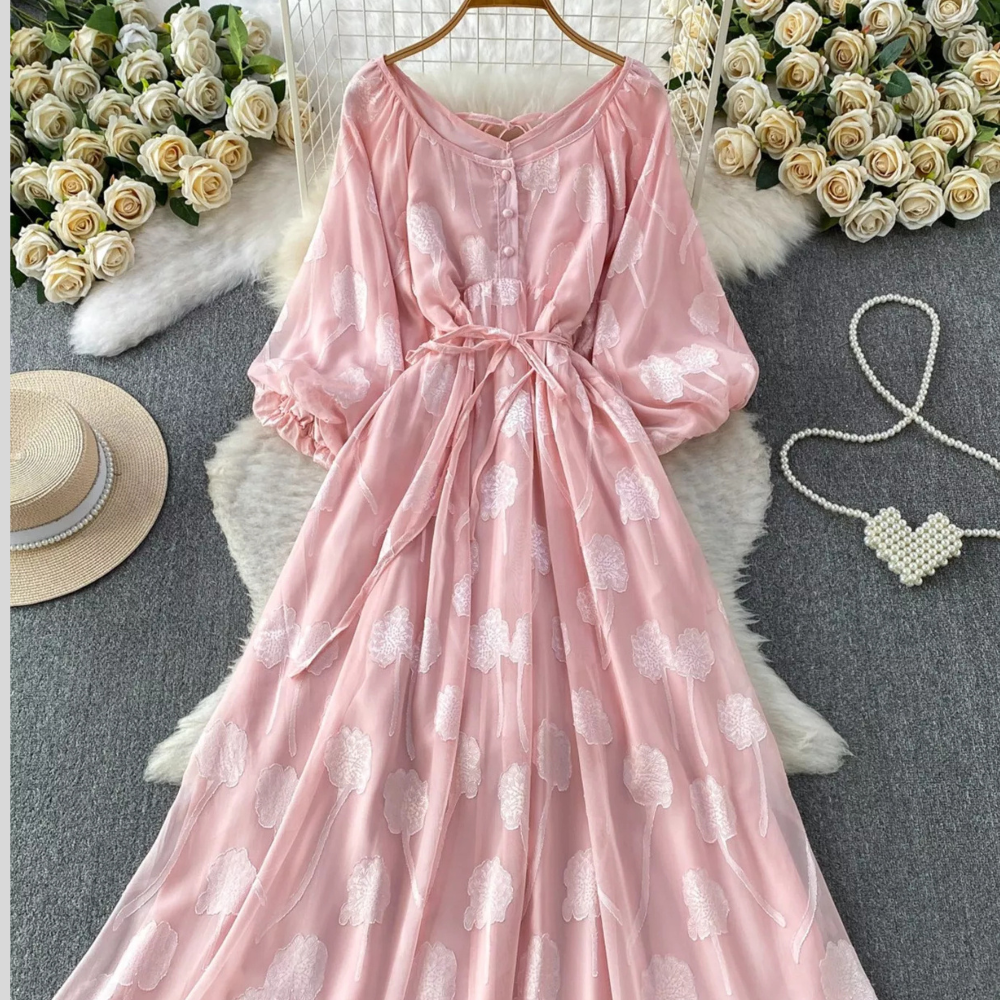 Button Front Puff Sleeve Chiffon Dress