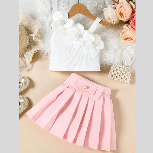 Children's Floral Applique Tank Top & Pleated Skirt Set