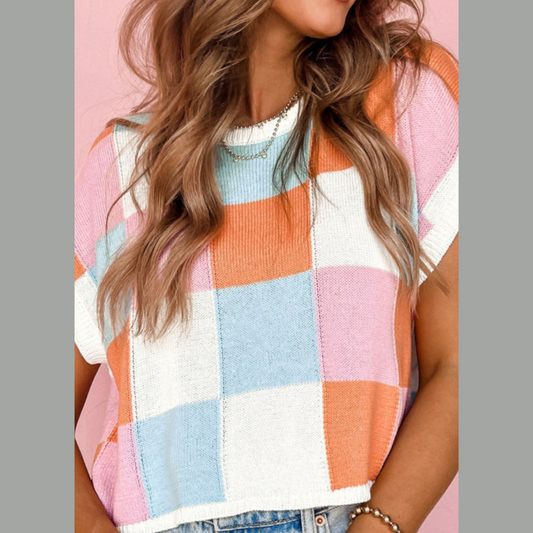 Contrast Plaid Round Neck Cap Sleeve Sweater