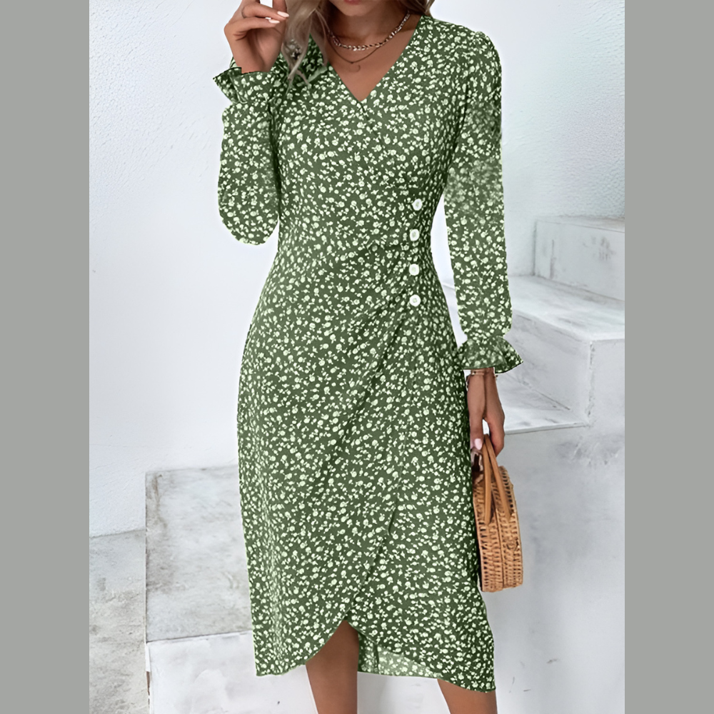 Full Size Printed Surplice Long Sleeve Midi Dress