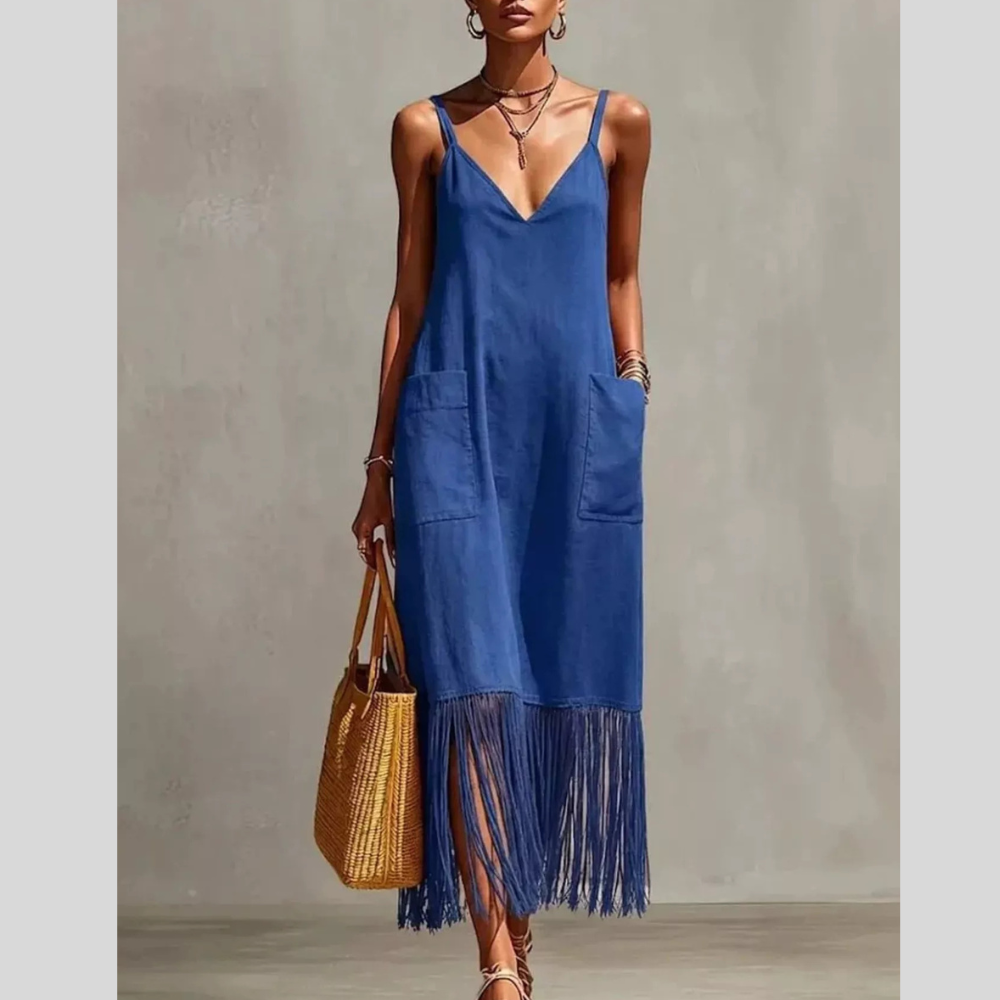 Full Size Fringe Spaghetti Strap V-Neck Dress Plus Size