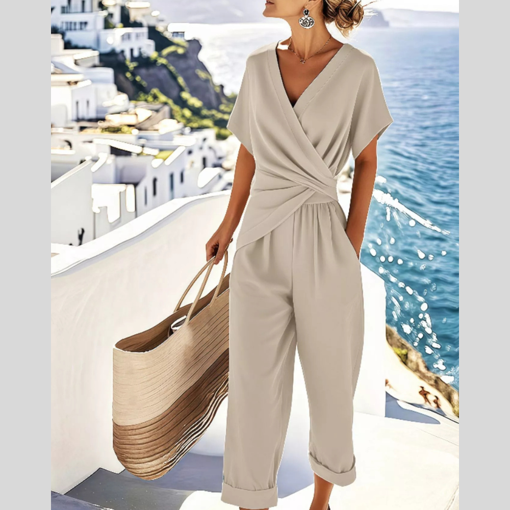Full Size Twist-Front V-Neck Top and Pants Set Plus Size