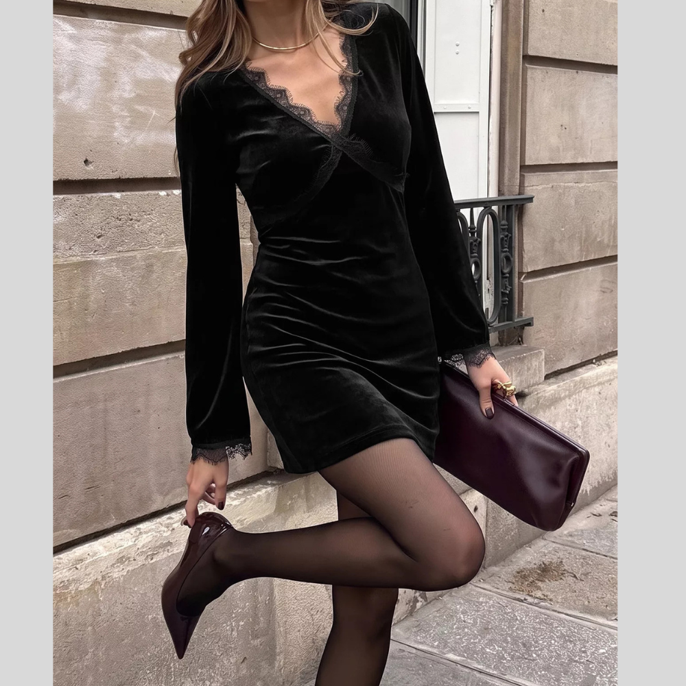 Velvet Lace Trim V-Neck Mini Dress