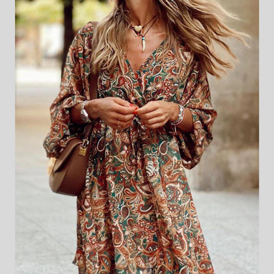 Full Size Paisley Print Long Sleeve Mini Dress Plus Size