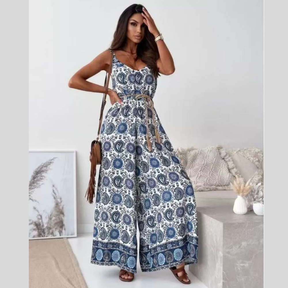 Printed Spaghetti Strap Wide-Leg Jumpsuit