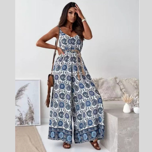 Printed Spaghetti Strap Wide-Leg Jumpsuit