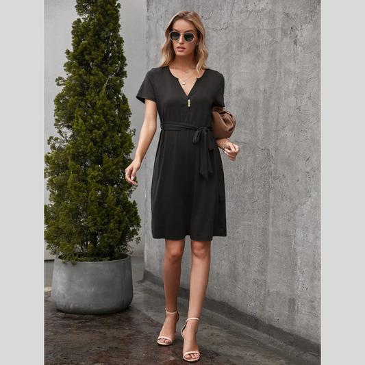 Ivy Lane Tied Notched Short Sleeve Dress