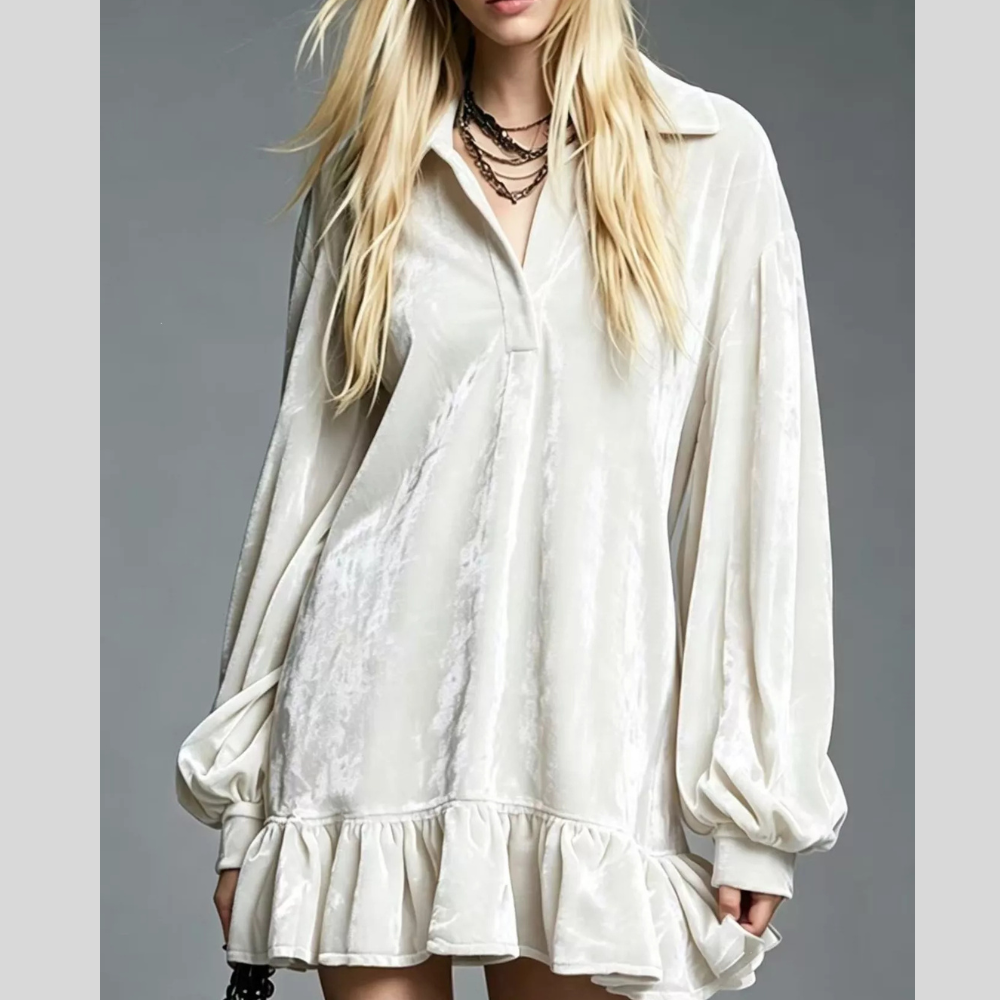 Full Size Velvet Ruffled Hem Long Sleeve Dress Plus Size