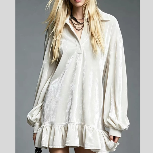 Full Size Velvet Ruffled Hem Long Sleeve Dress Plus Size
