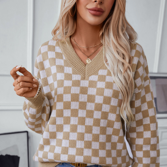 Checkered V-Neck Dropped Shoulder Sweater