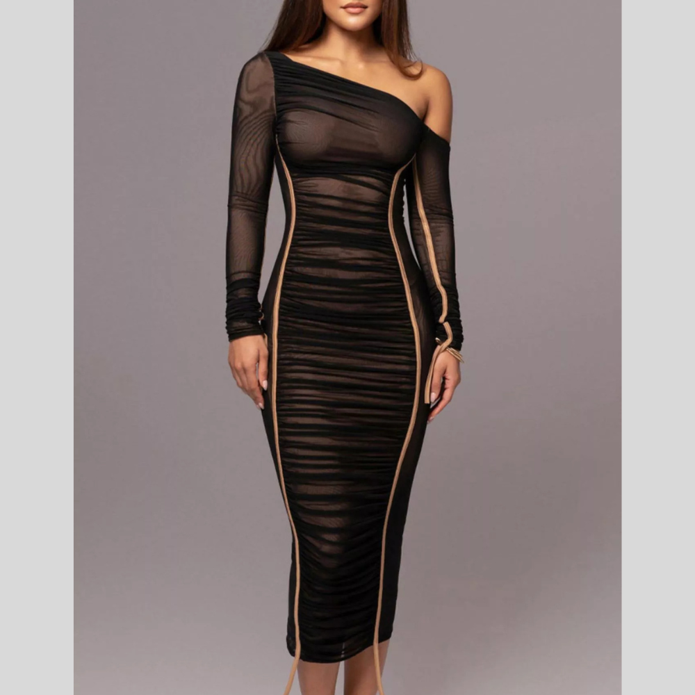 One-Shoulder Ruched Bodycon Midi Dress