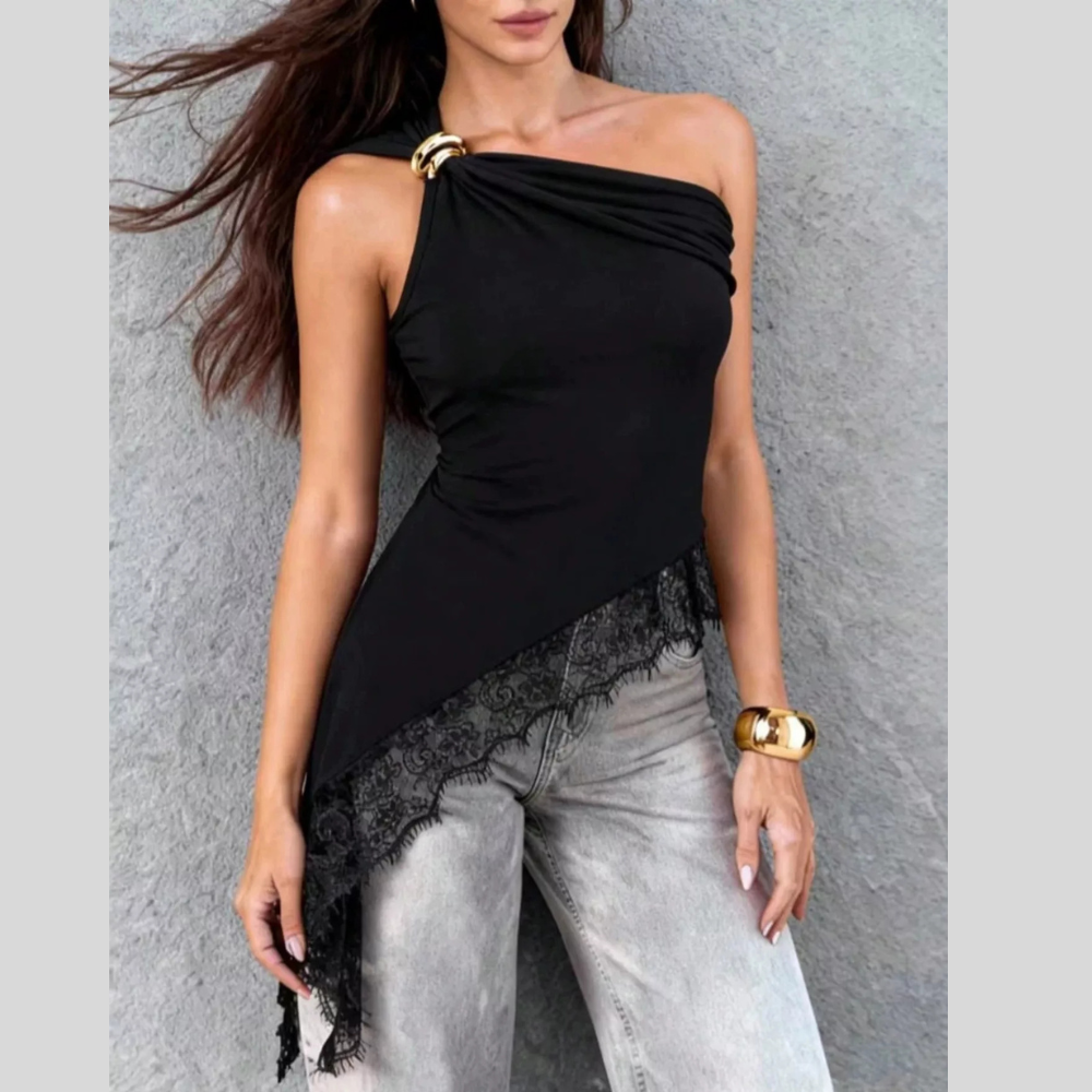 Asymmetrical One-Shoulder Cami with Lace Trim and Gold Hardware
