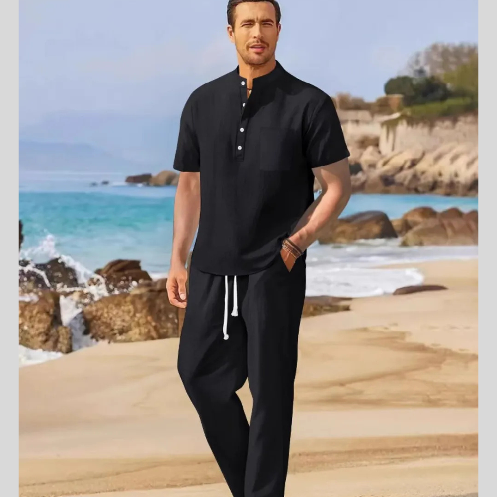 Men's Full Size Half Button Top and Drawstring Pants Set Plus Size