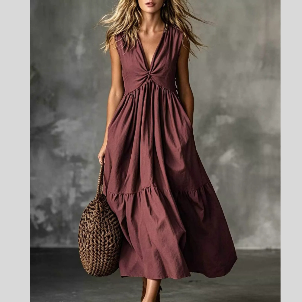 V-Neck Twisted Tiered Midi Dress