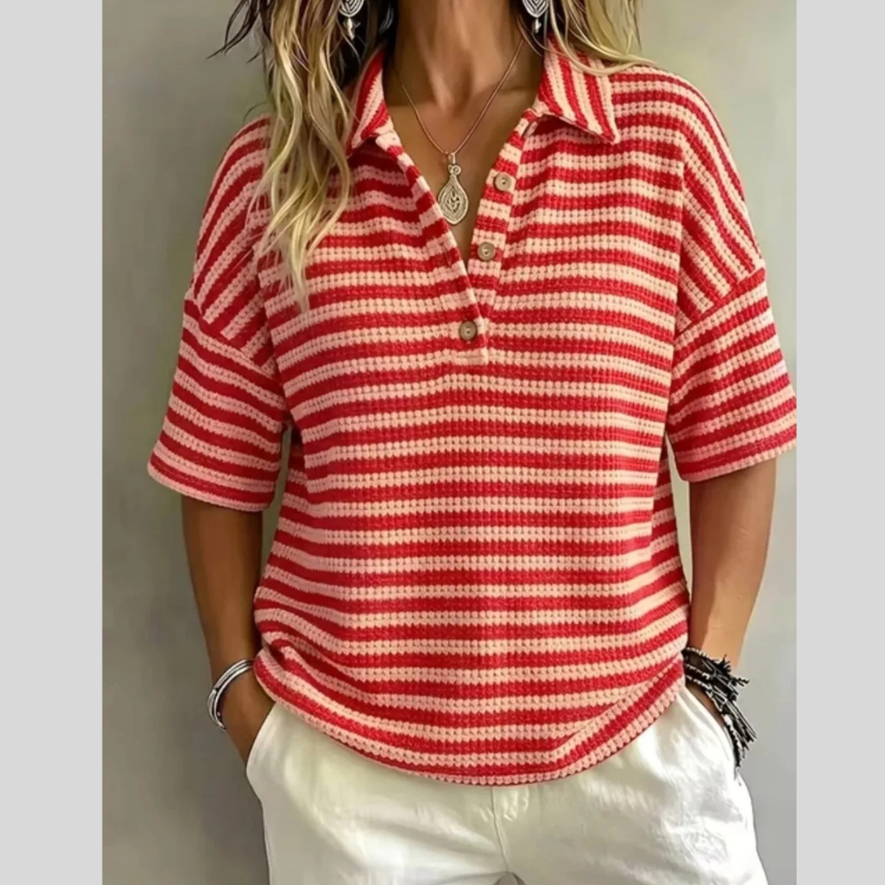 Full Size Contrast Striped Knit Polo Shirt Plus Size