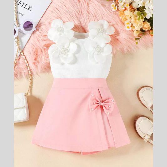 Children's Floral Applique Top & Bow Decor Skirt Set