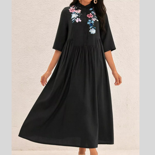 Floral Embroidered Casual Midi Dress