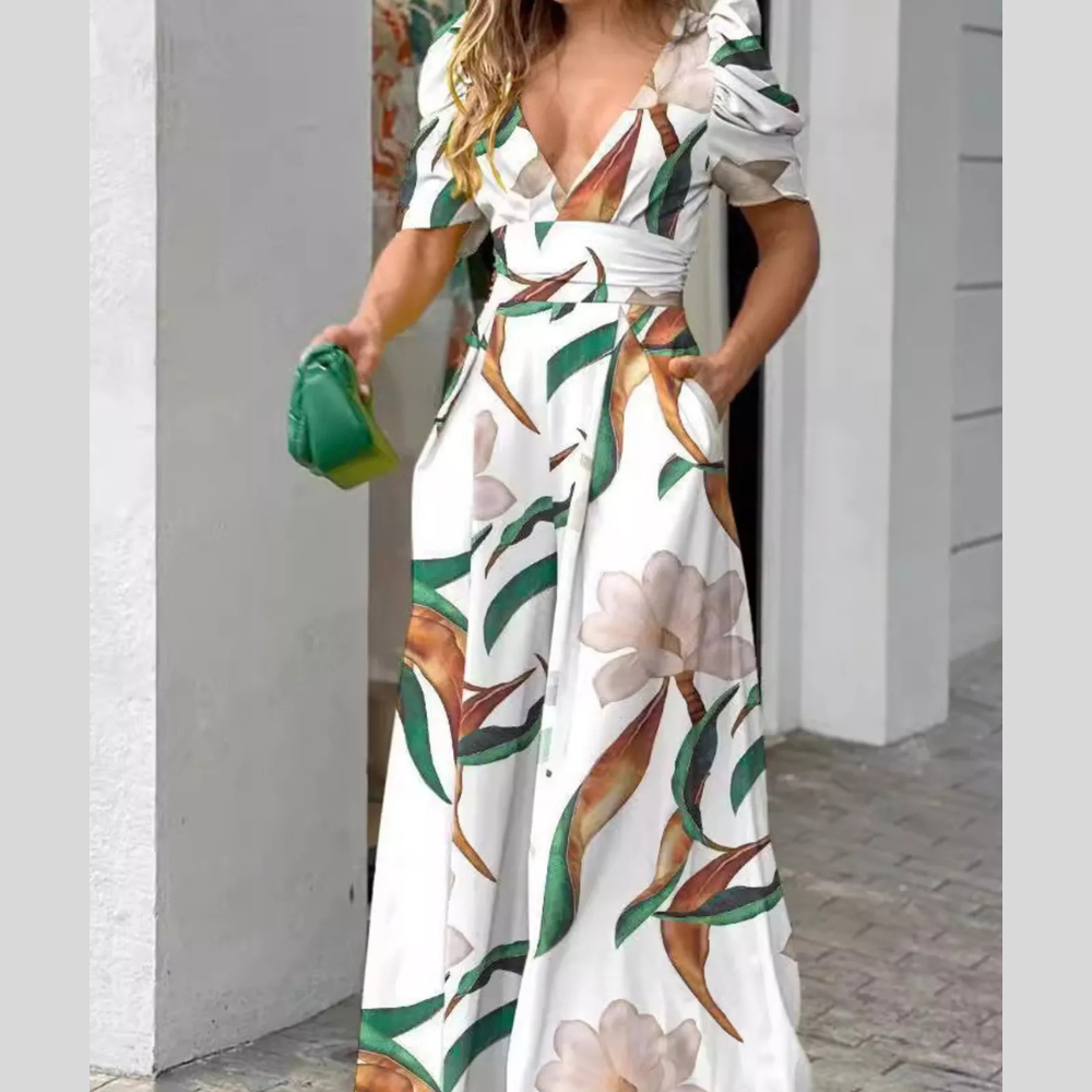 Floral Print V-Neck Puff Sleeve Wide-Leg Jumpsuit