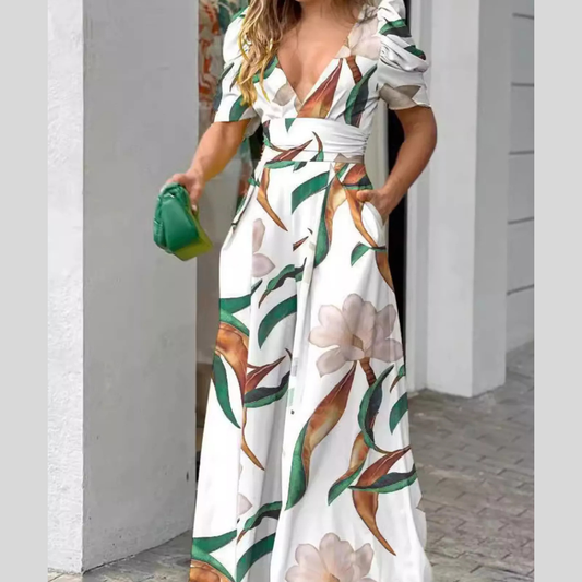 Floral Print V-Neck Puff Sleeve Wide-Leg Jumpsuit