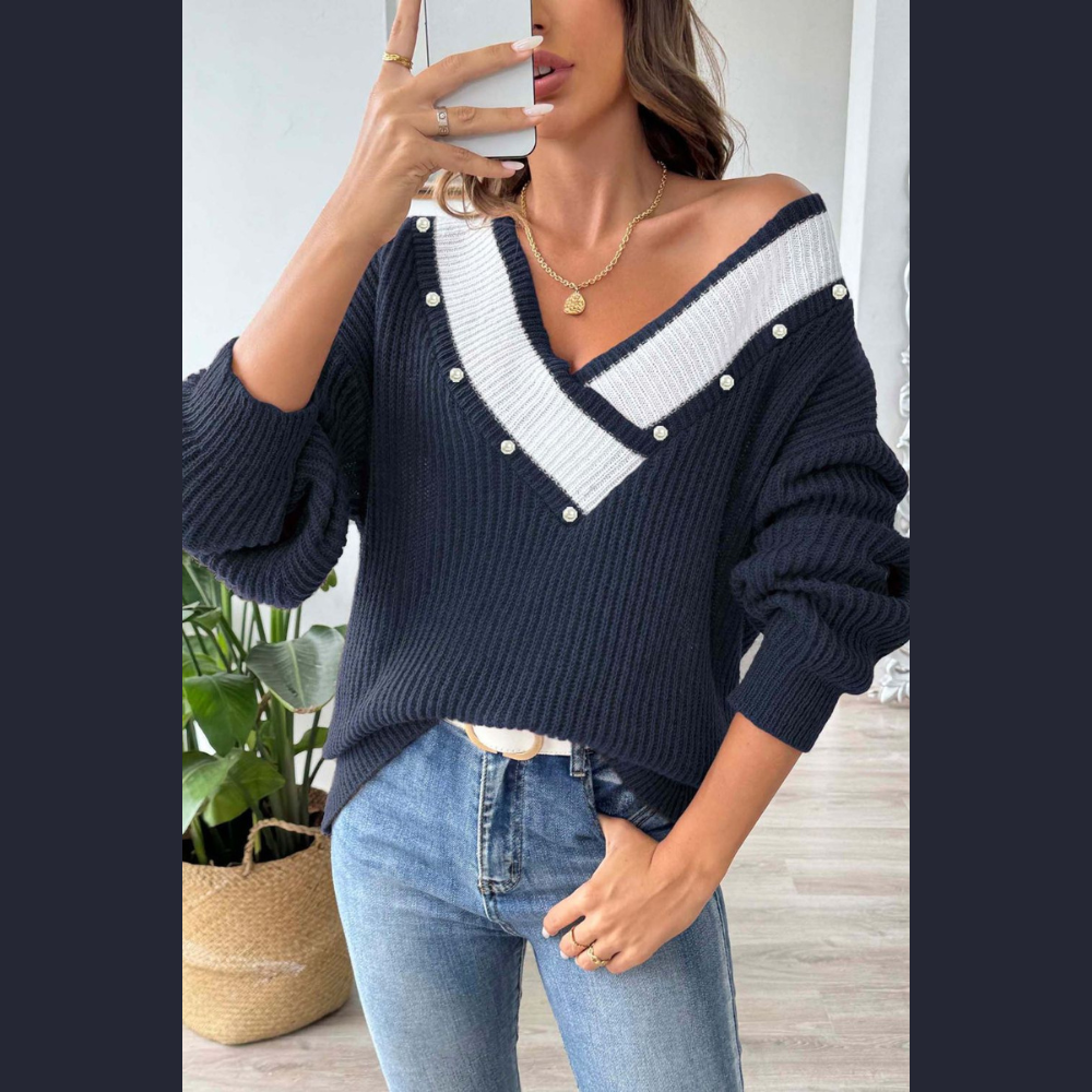 Contrast Trim Dropped Shoulder Long Sleeve Sweater