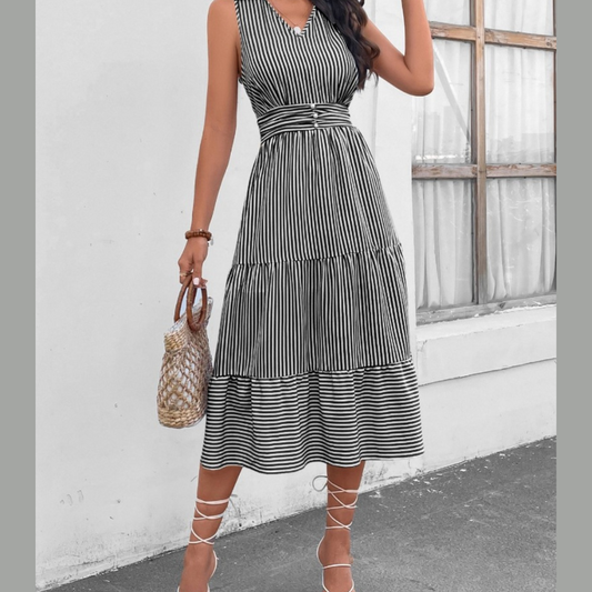 Striped Johnny Collar Sleeveless Midi Dress