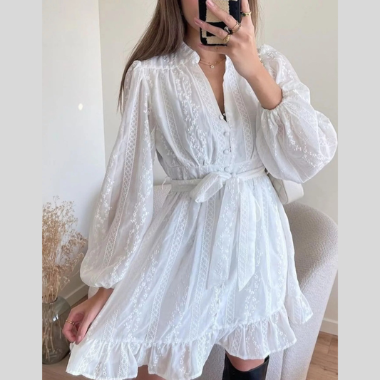 Full Size Ruffled Hem Tie Waist Long Sleeve Dress Plus Size