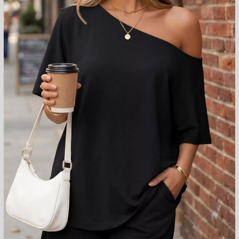 One-Shoulder Short Sleeve Top and Shorts Set