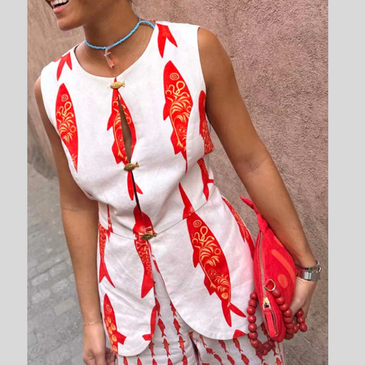 Fish Print Sleeveless Top and Pants Set