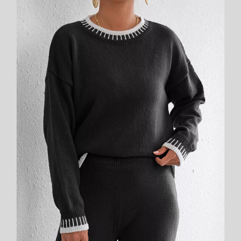 Contrast Trim Crew Neck Drop Shoulder Sweater