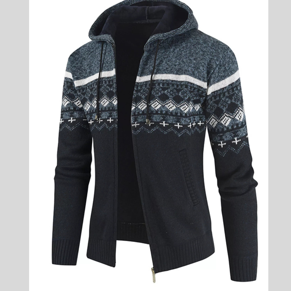 Men's Plus Size Hooded Fair Isle Pattern Knit Cardigan