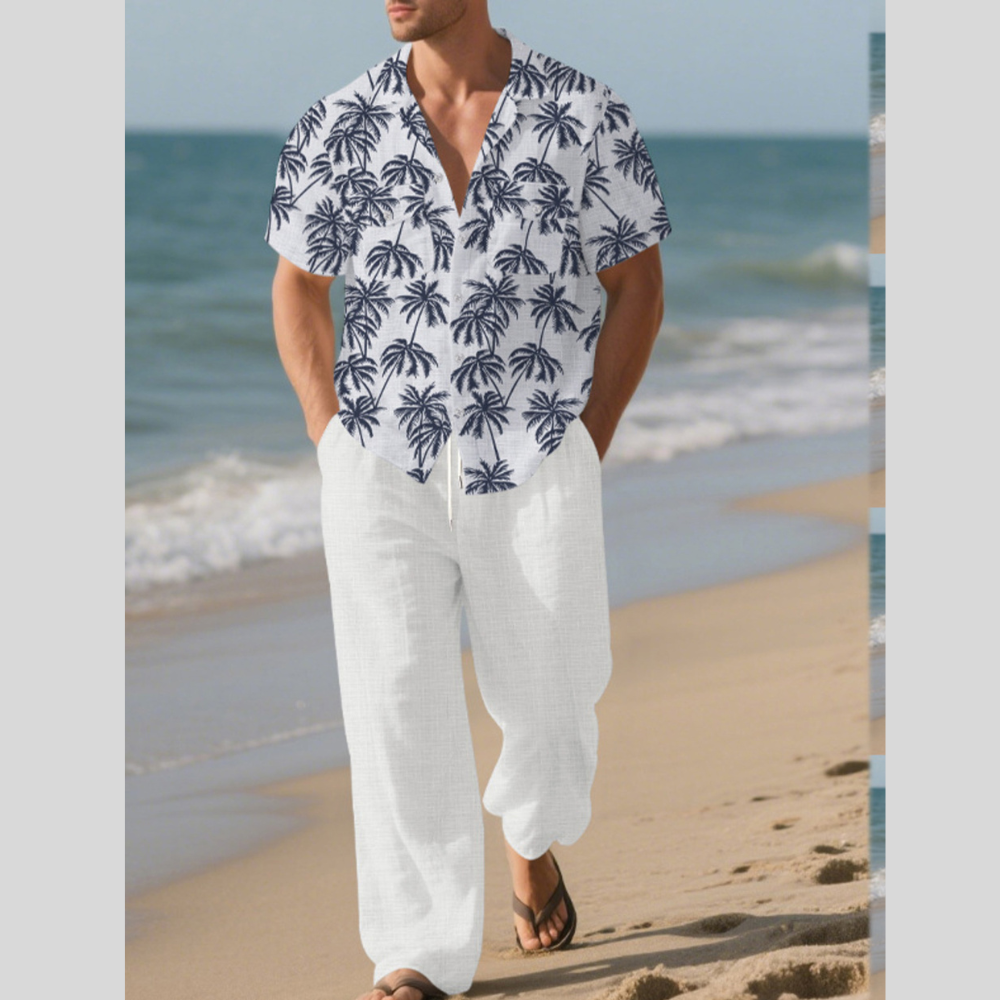 Men's Full Size Tropical Palm Print Button Up Shirt and Pants Set Plus Size
