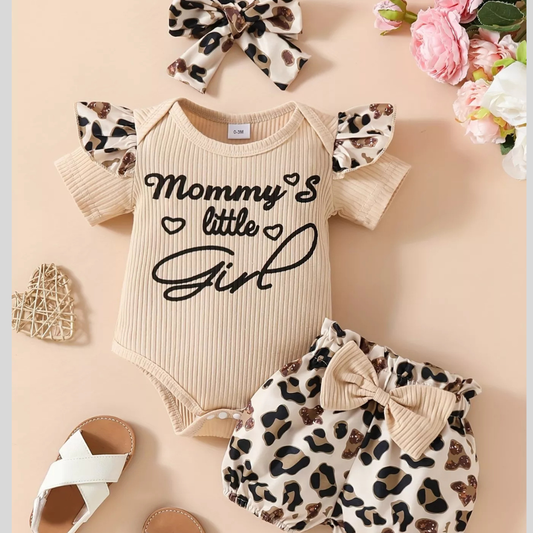 Children's Leopard Ruffled Bodysuit and Shorts Set with Headband