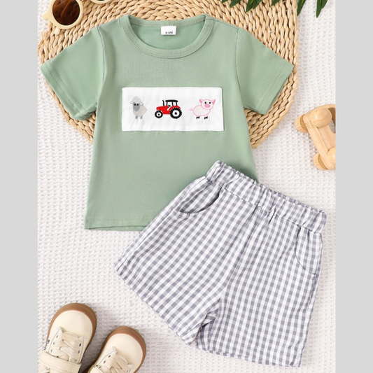 Children's Animal Embroidered Tee and Shorts Set