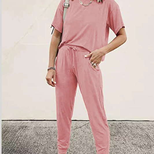 Full Size Round Neck Top and Drawstring Pants Set Plus Size