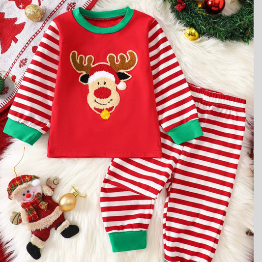 Children's Christmas Reindeer Striped Pajama Set