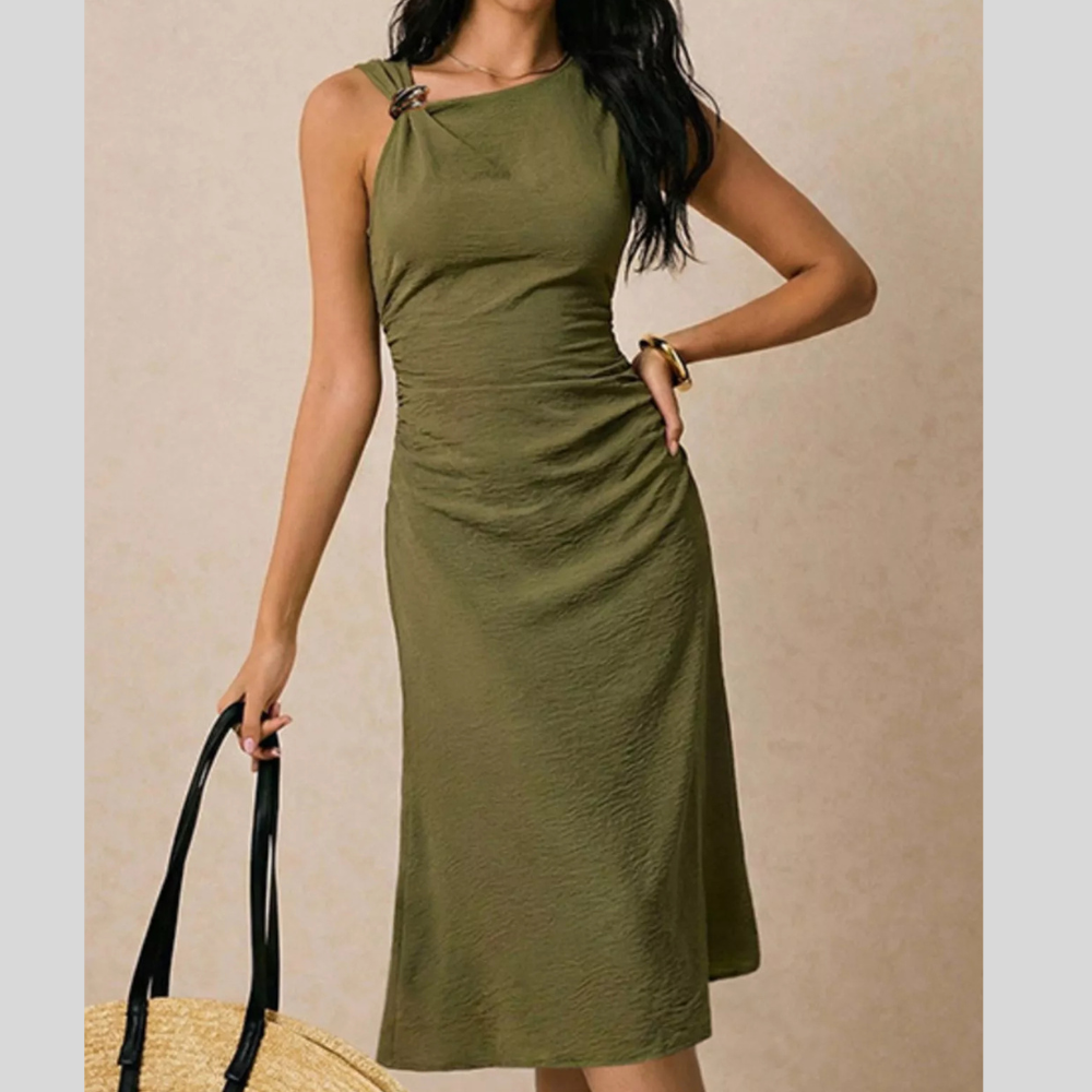 Asymmetrical Neck Ruched Midi Dress