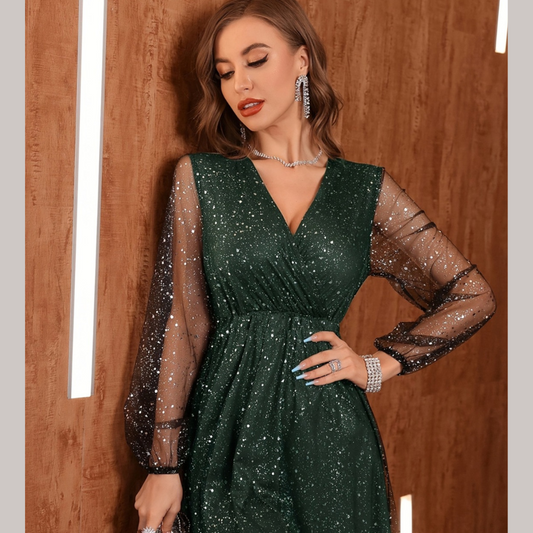 Glitter Surplice Long Sleeve Mini Dress