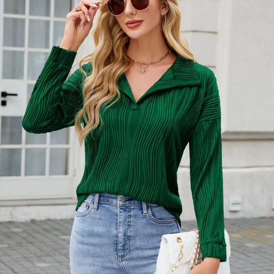 Texture Collared Neck Long Sleeve Blouse