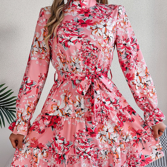 Printed Mock Neck Flounce Sleeve Mini Dress