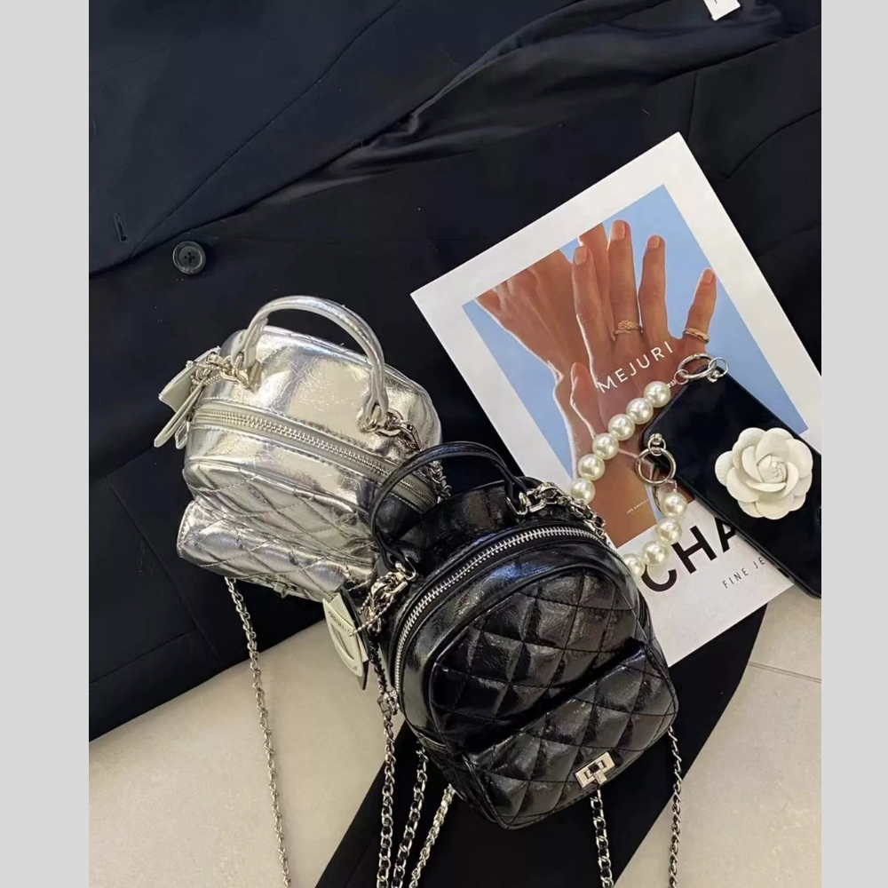 Quilted Metallic and Patent Mini Backpack Bag with Chain Strap