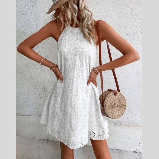 Women's Lace Solid Color Sleeveless Button Halter Neck Dress