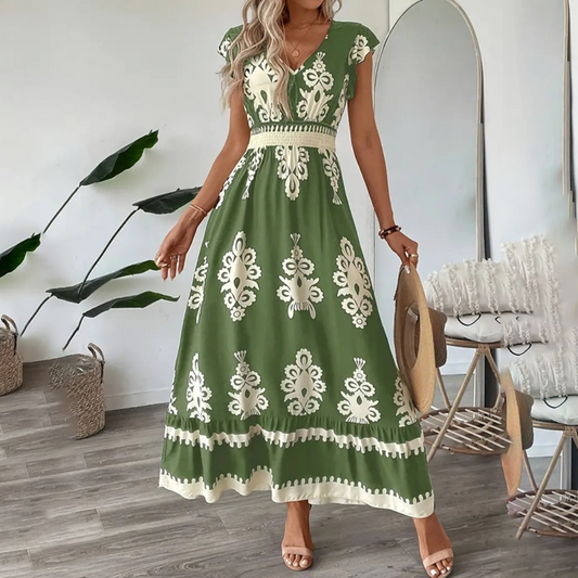 Women's Summer Flowy Maxi Dress Casual Cap Sleeve V Neck Smocked Waist Beach Sundress-FREE USA SHIPPING