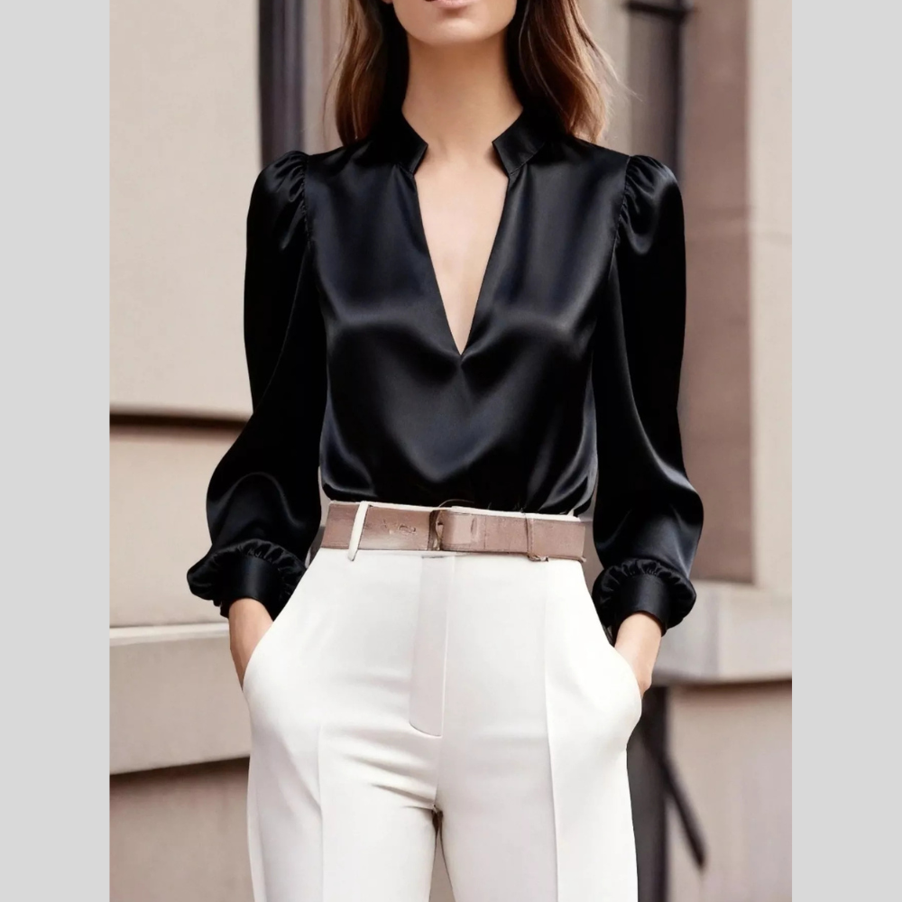 Notched Neck Long Sleeve Blouse