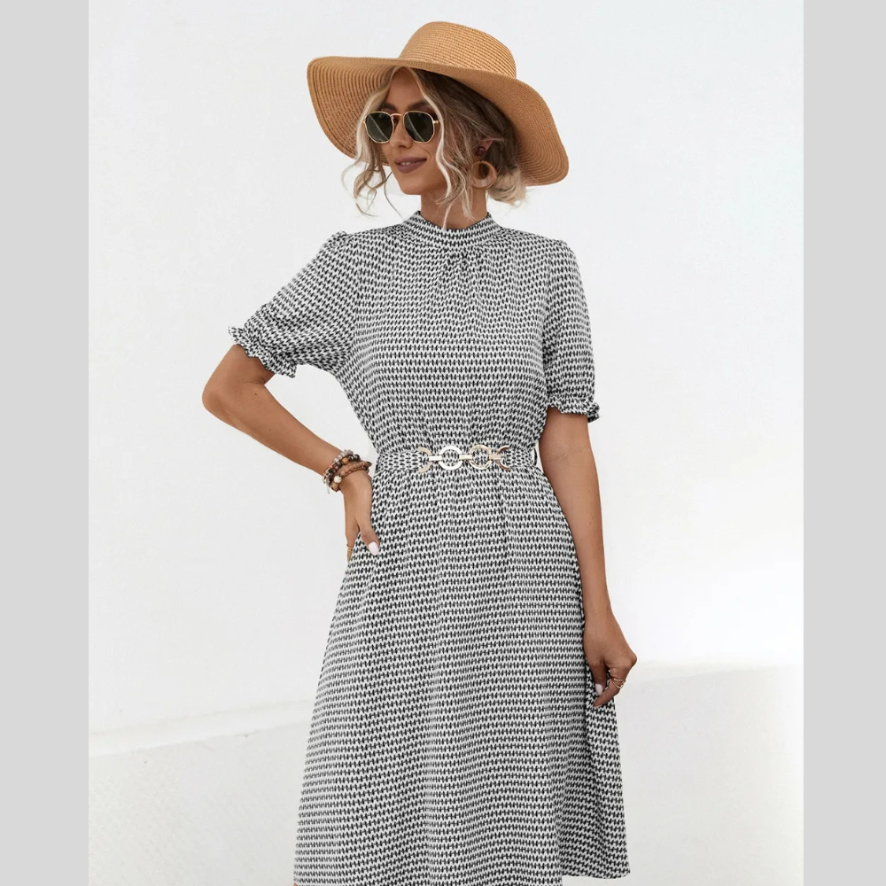 Printed Mock Neck Flounce Sleeve Dress