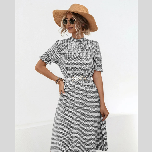 Printed Mock Neck Flounce Sleeve Dress